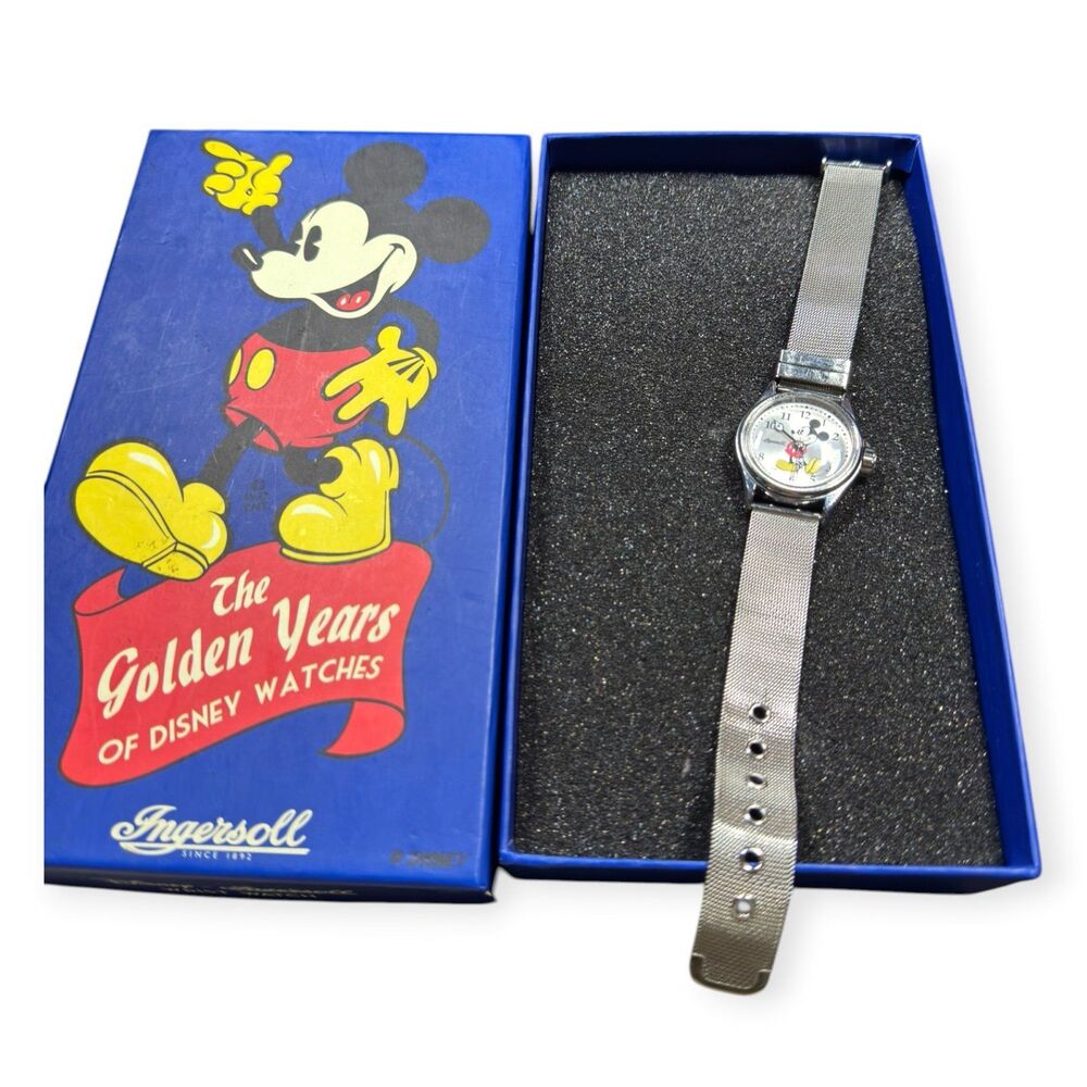 Disneyland Ingersoll Mickey Mouse Watch Silver Swiss Watch Base‎ VTG Rare